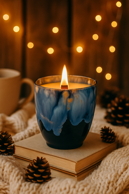 Blaue Kerze auf einem Buch, umgeben von Tannenzapfen und sanftem Lichterglanz.