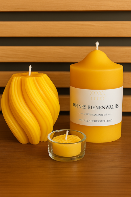 Drei gelbe Kerzen in verschiedenen Formen auf einem holzgetäfelten Hintergrund.